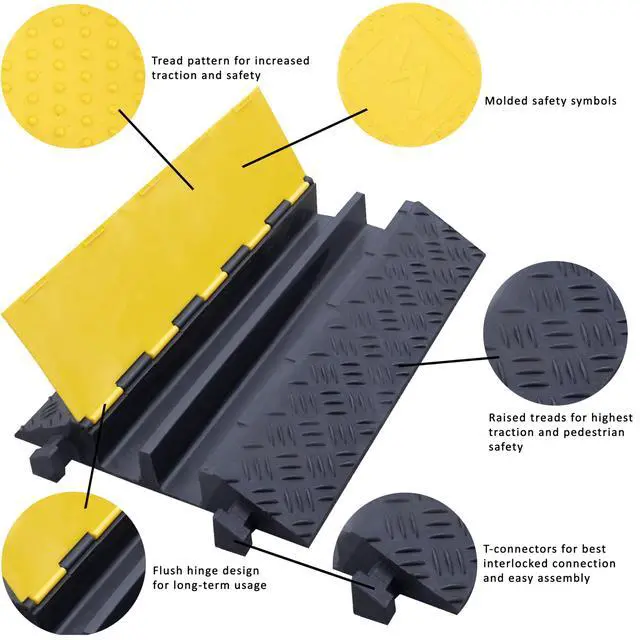Alt view image 3 of 5 - 3.37 Inch Pipe and Hose Ramp Traffic Wire Cable Protector 2 Channel Cord Cover 24,000 lbs per Axle - Rubber Black Base/Yellow Lid