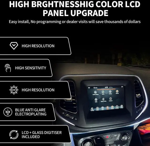 Alt view image 6 of 7 - Uconnect LCD Screen and Digitizer Replacement for 2020-2017 Jeep Compass Radio Touch Screen OEM Navigation System, Touchscreen Display for 2018-2021Jeep Renegade TDO-WXGA0700K00033-V2-V1