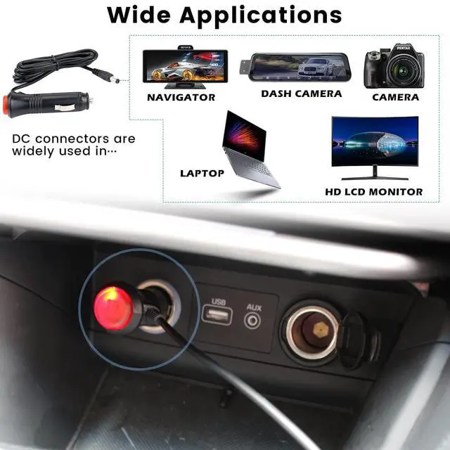 Alt view image 3 of 6 - 12V Car Cig. Lighter Charger Cord with Test Cable, DC Plug Adapter and Power Extension Cable for Backup Camera, Monitor, DVR, DVD, Bluetooth Speaker, GPS, Laptop