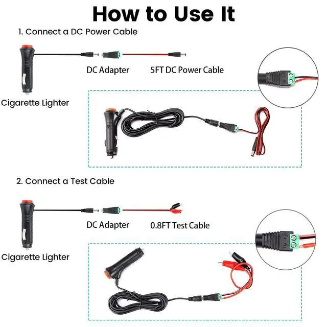 Alt view image 5 of 6 - 12V Car Cig. Lighter Charger Cord with Test Cable, DC Plug Adapter and Power Extension Cable for Backup Camera, Monitor, DVR, DVD, Bluetooth Speaker, GPS, Laptop