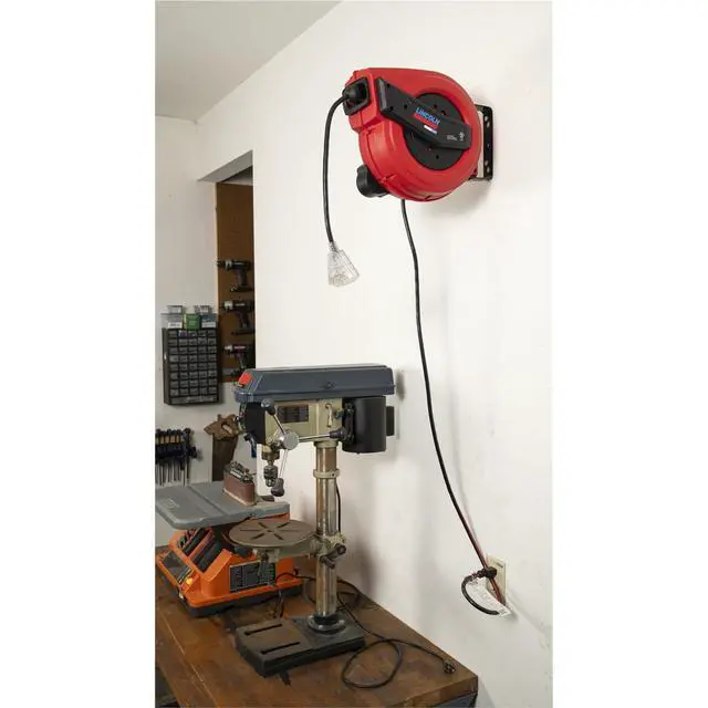 Alt view image 3 of 7 - 91039 60' Tri-tap Electric Power Cord Reel, 12/3 SJTOW, Grease, Oil and Weather Resistant, Magnetic Brake, Auto-guide Rewind Mechanism, Overload Protection, Power Indicator Lights, Red/Black