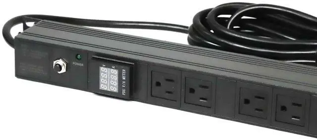 Alt view image 5 of 7 - Metered PDU 16-Outlet NEMA 5-15R, 120V 15A 15ft Cord 0U Vertical Metal Rack-Mount Power Strip, 36", Black Aluminium Alloy Overload Protection Voltage & Current Meter