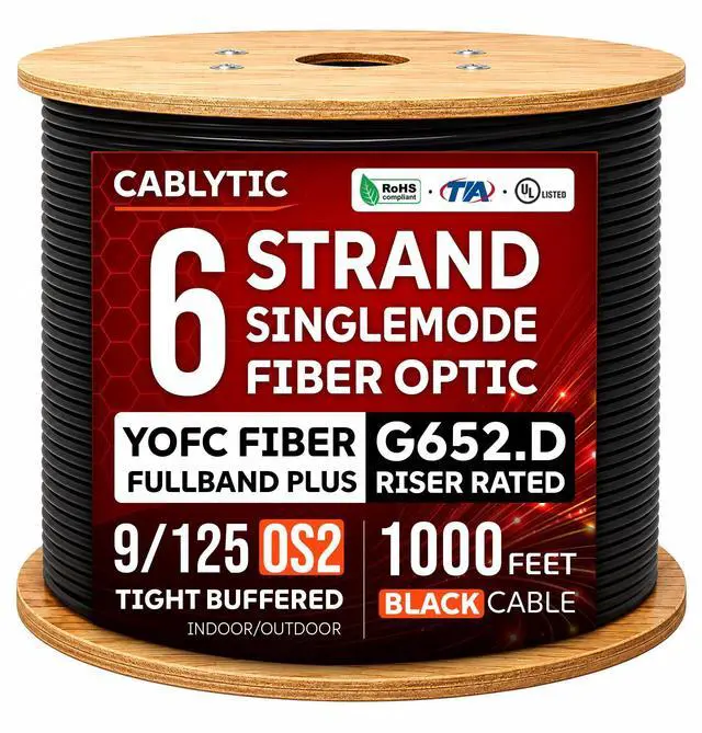 Main image of 6 Strand Fiber Optic Cable 1000FT | OS2 Singlemode 9/125 G652.D | Indoor/Outdoor, YOFC Fullband Plus Fiber, Black, Riser Rated, Spool, UL