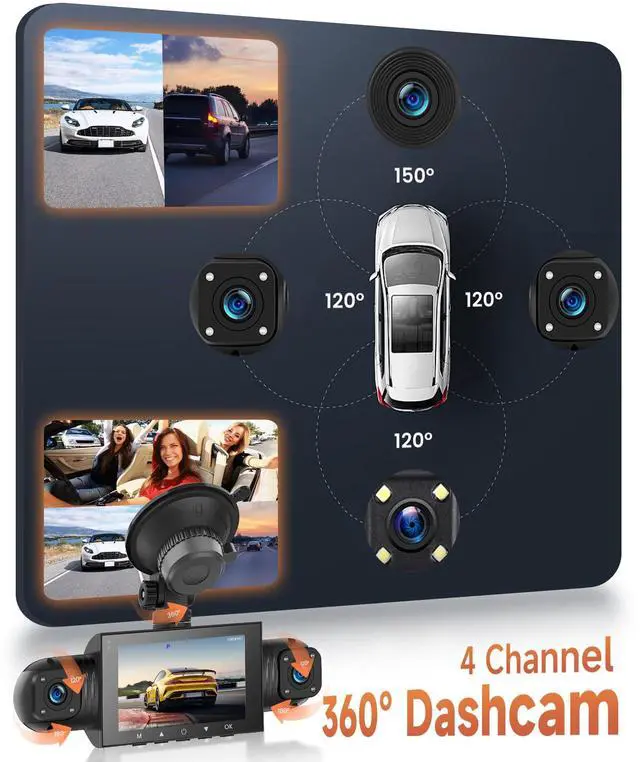 Alt view image 2 of 7 - 4 Channel Dash Cam Front and Rear Inside Left Right, 360 Degree View Dash Camera for Cars, 1080P Front + 3 Cameras, Night Vision, Loop Recording, G-Sensor, 24/7 Parking Monitor