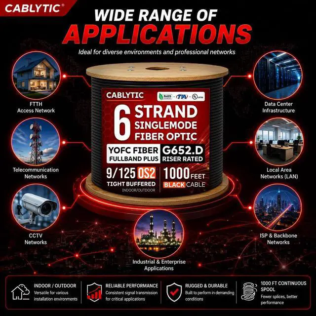 Alt view image 6 of 7 - 6 Strand Fiber Optic Cable 1000FT | OS2 Singlemode 9/125 G652.D | Indoor/Outdoor, YOFC Fullband Plus Fiber, Black, Riser Rated, Spool, UL