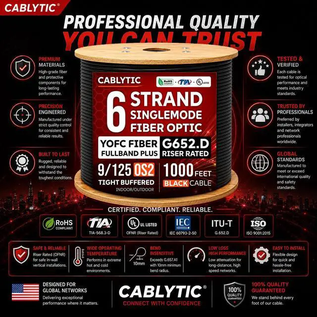 Alt view image 7 of 7 - 6 Strand Fiber Optic Cable 1000FT | OS2 Singlemode 9/125 G652.D | Indoor/Outdoor, YOFC Fullband Plus Fiber, Black, Riser Rated, Spool, UL