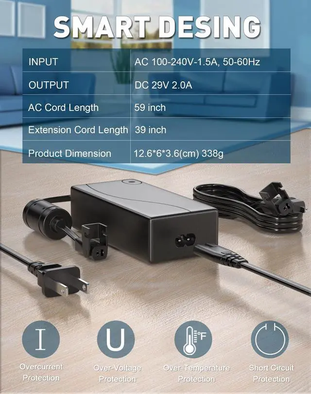Alt view image 2 of 7 - Recliner Power Supply, AC/DC Switching Power Supply Transformer 2-pin 29V 2A Adapter with Extension Cord for Lift Chair or Power Recliner Limoss OKIN