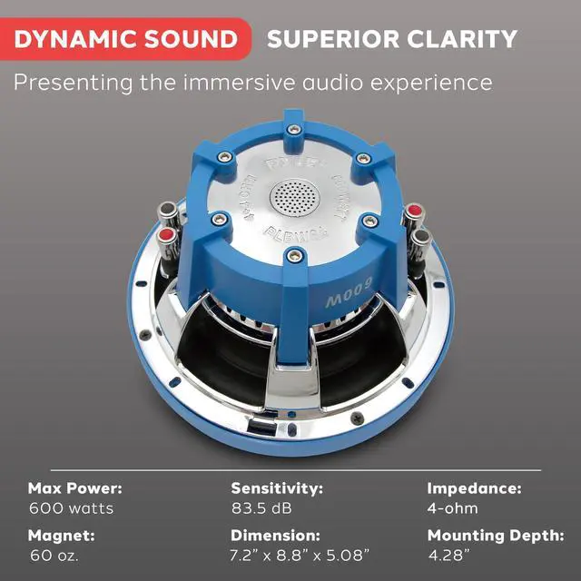 Alt view image 6 of 7 - Car Vehicle Subwoofer Audio Speaker - 8 Inch Blue Injection Molded Cone, Blue Chrome-Plated Plastic Basket, Dual Voice Coil 4 Ohm Impedance, 600 Watt Power, Vehicle Stereo Sound System PLBW84