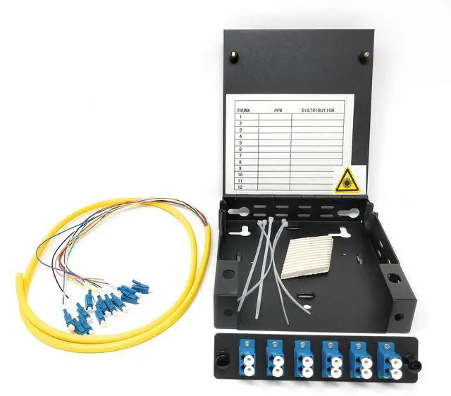 Main image of 12 Port Wall Mount Fiber Enclosure with Splicing Module Singlemode LC-UPC Kit (Includes a 1 Meter 12 Strand LC-UPC Pigtail and 6 Port Duplex LGX Loaded Panel
