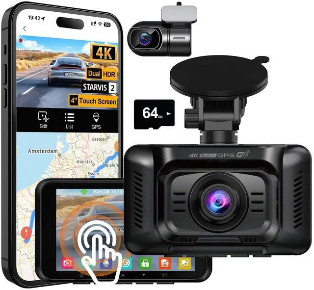 Main image of 4K Dash Cam Front and Rear,STARVIS 2 HDR Dash Camera for Car | 4 Inch Touch Screen Dashcam with Free 64GB Card, GPS, 5G WiFi, Loop Recording, 24H Parking Mode, G-Sensor, Voice Control