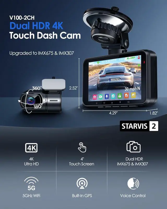 Alt view image 3 of 7 - 4K Dash Cam Front and Rear,STARVIS 2 HDR Dash Camera for Car | 4 Inch Touch Screen Dashcam with Free 64GB Card, GPS, 5G WiFi, Loop Recording, 24H Parking Mode, G-Sensor, Voice Control