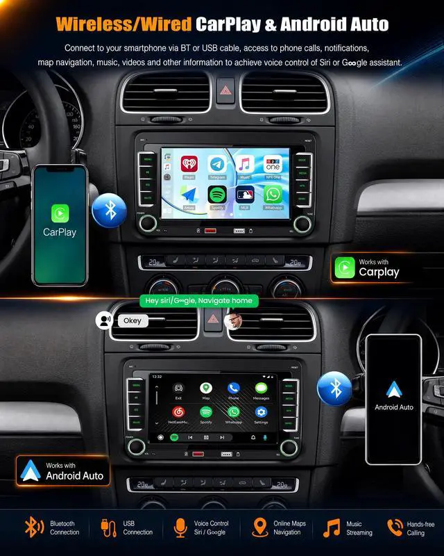Alt view image 4 of 7 - Car Stereo Radio for VW Passat Golf 5 6 Tiguan Jetta Caddy Touran Seat Sharan Wireless Apple CarPlay Android Auto 7 Inch HD Touch Screen Bluetooth FM/AM Mirror Link EQ USB SWC Backup Camera
