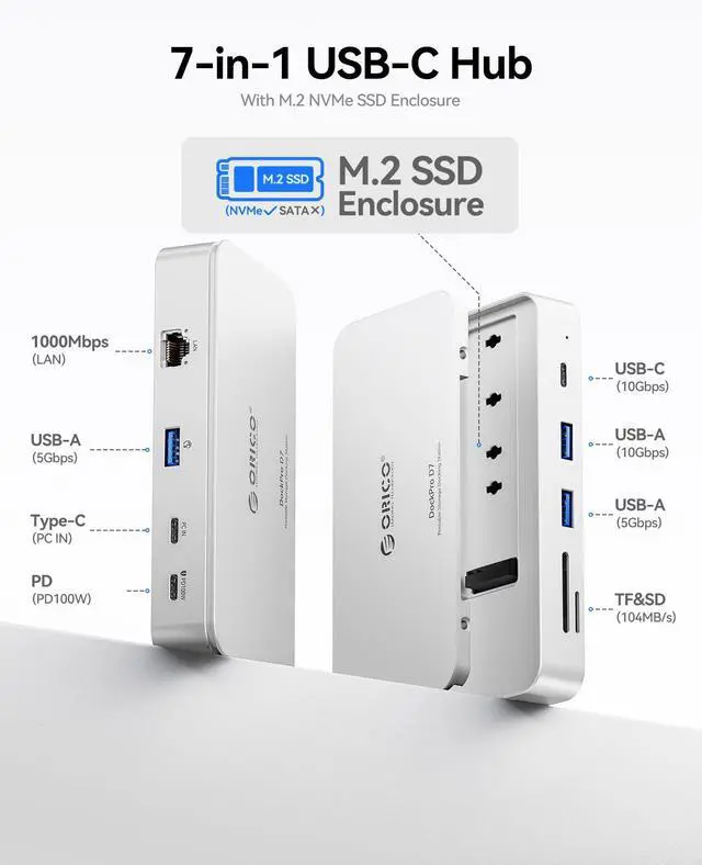 Alt view image 2 of 6 - 9-in-1 10Gbps USB C Hub with NVMe SSD Enclosure, Aluminum Cooling | NVMe Docking Station with 10Gbps USB-C/A, Gigabit Ethernet, SD/TF Reader, 100W PD for MacBook & Windows Laptops, DockPro D7