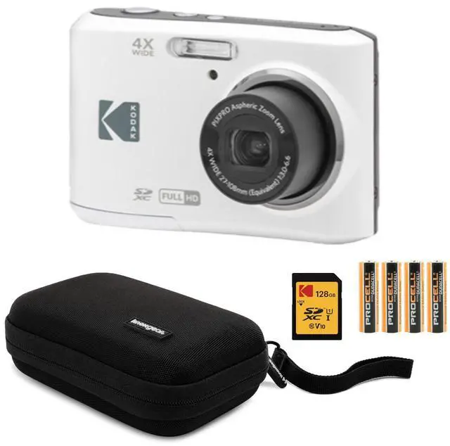 Main image of PIXPRO FZ45 Friendly Zoom Digital Camera (White) Bundle | 128GB SD Class 10 UHS-I U1 V10 Full HD Memory Card, Folding Storage Travel Case, Procell AA, (4 items)