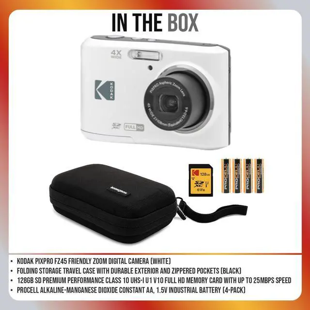 Alt view image 7 of 7 - PIXPRO FZ45 Friendly Zoom Digital Camera (White) Bundle | 128GB SD Class 10 UHS-I U1 V10 Full HD Memory Card, Folding Storage Travel Case, Procell AA, (4 items)