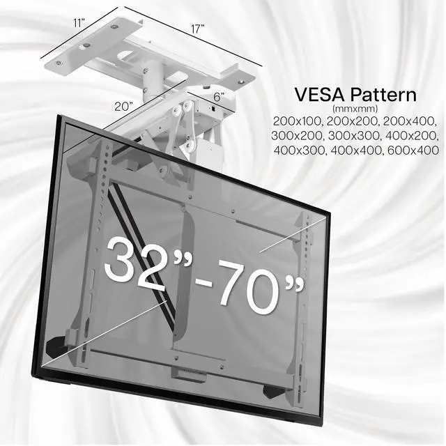 Alt view image 2 of 6 - Drop Ceiling Electric TV Mount for 32 to 70 inch Screens, Flip Down Motorized VESA Bracket, Holds TVs up to 77 lbs, App and Voice Control, White, MOUNT-KIT-FD70W1C