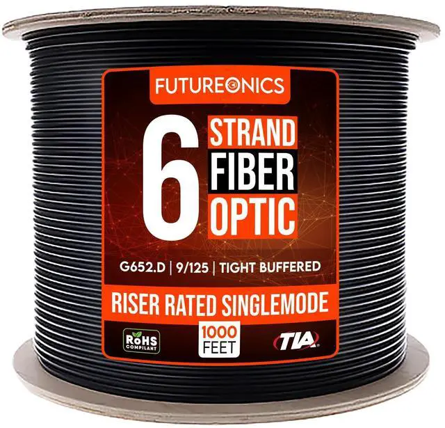 Main image of 6 Strand Indoor/Outdoor Fiber Optic Cable, OS2 9/125 Singlemode, G652.D, Black, Riser Rated, Spool, 1000 Feet