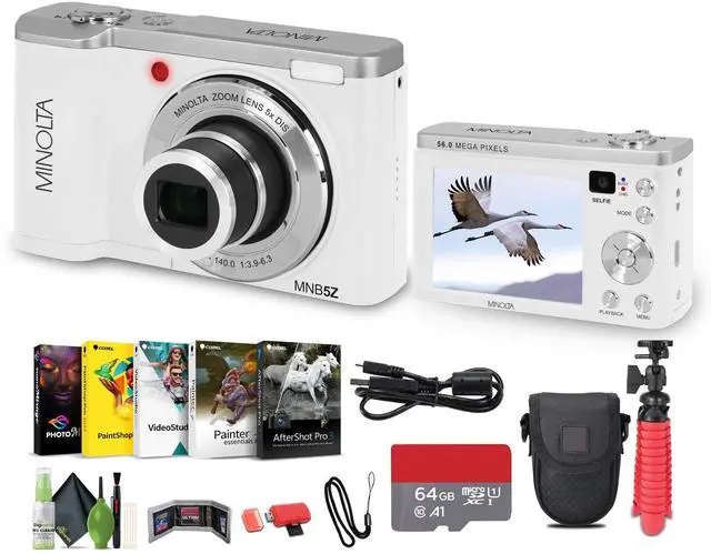 Main image of MNB5Z 56MP Dual Lens Point & Shoot Digital Camera with 5X Optical Zoom & 5K Ultra HD Video Bundle with 64GB Memory Card + Vlogger Tripod + Bag + Cleaning Kit + More Accessories (White)
