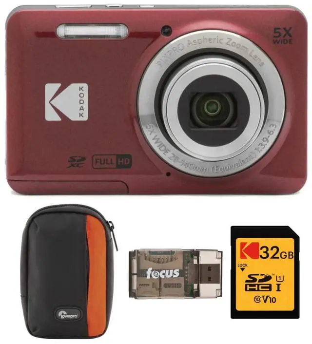 Main image of PIXPRO Friendly Zoom FZ55 Digital Camera (Red) Bundle with Camera Case, 32GB Class 10 UHS-I U1 SDHC Memory Card and USB 2.0 Card Reader (4 Items)