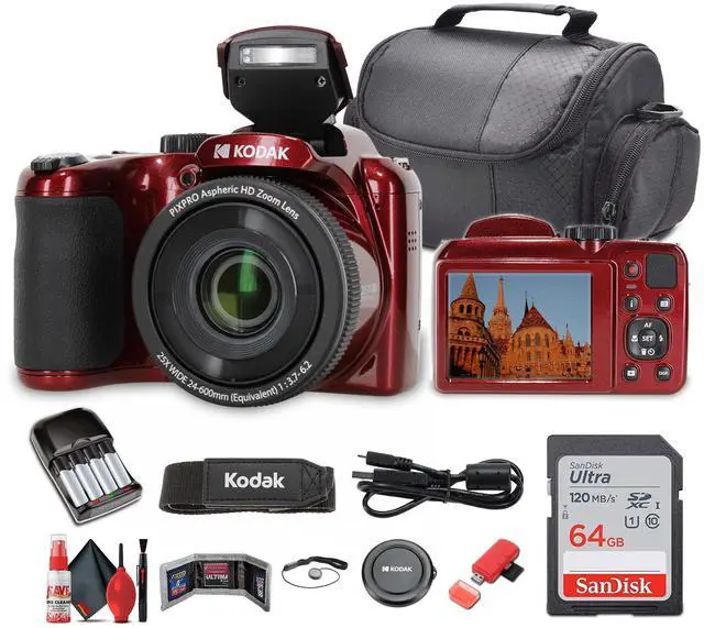 Main image of Pixpro AZ255 Digital Camera (AZ255RD) Bundle Including: 64 GB Memory Card, Rechargeable Batteries, Case, Neck Strap, Lens Caps, Full Cleaning Kit, Card Reader, Card Wallet, USB Cable, Cap Keeper