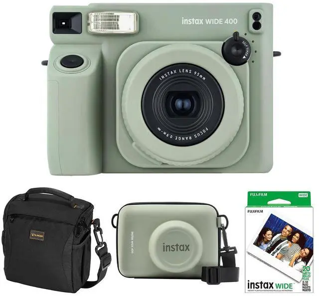 Main image of Instax Wide 400 Instant Film Camera, Jet Black, Bundle with Case, Instant Color Print Film, 20-Pack and Shoulder Bag (Sage Green)