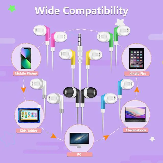 Alt view image 4 of 7 - Kids Bulk Earbuds Headphones 50 Pack for Classroom School Students | Wholesale Wired Earphones with 3.5 mm Jack Multi Colored for Computer Chromebook Laptop PC