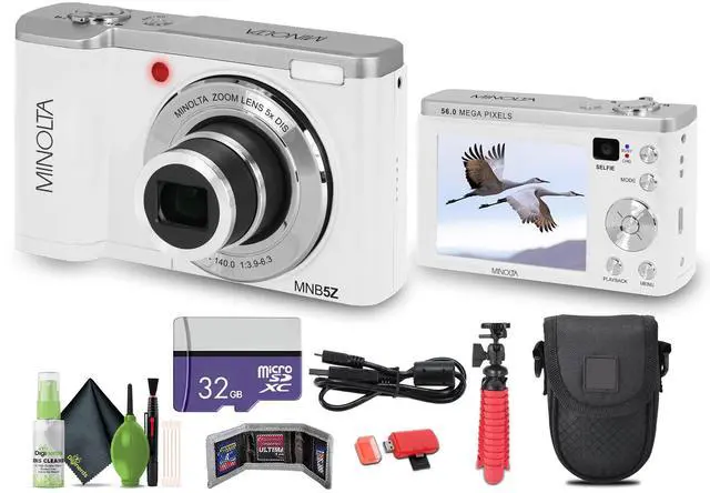 Main image of MNB5Z 56MP Dual Lens Point & Shoot Digital Camera with 5X Optical Zoom & 5K Ultra HD Video Bundle with 32GB Memory Card + Vlogger Tripod + Bag + 6Ave Cleaning Kit + More Accessories (White)