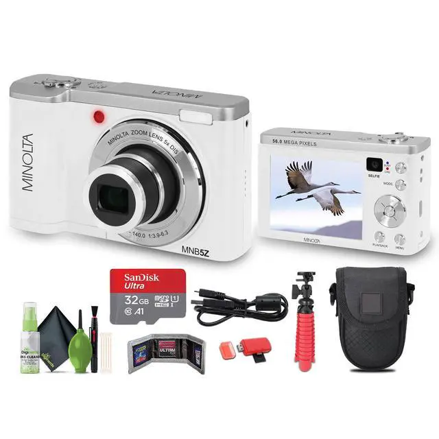 Alt view image 6 of 6 - MNB5Z 56MP Dual Lens Point & Shoot Digital Camera with 5X Optical Zoom & 5K Ultra HD Video Bundle with 32GB Memory Card + Vlogger Tripod + Bag + 6Ave Cleaning Kit + More Accessories (White)