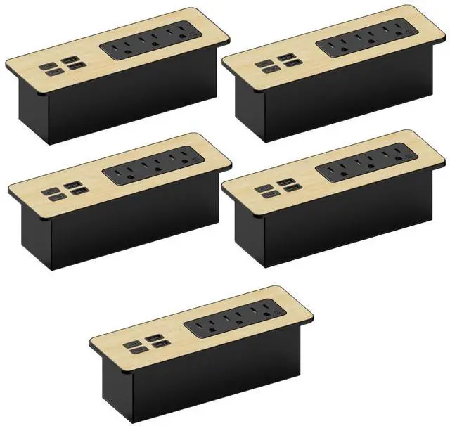 Main image of Recessed Power Strip Kit with Fast Charging 2 PD65W USB-C Ports, 2 USB-A Ports, 3 Power Desk Outlets, Replaceable Wooden Finish Panel Plate Flush Mount Charging Station Grommet - 5 Pcs