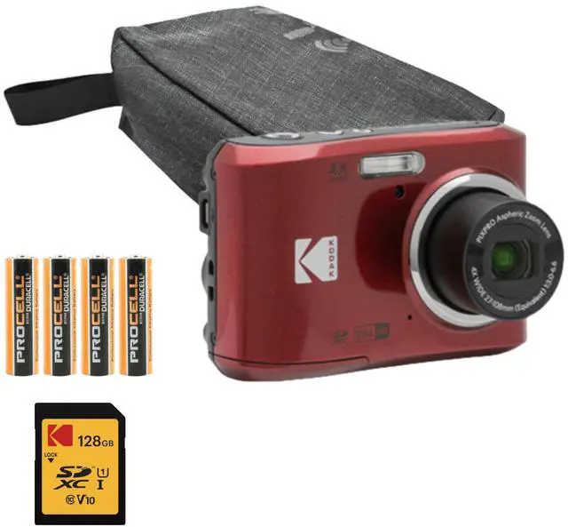 Main image of PIXPRO FZ45 Friendly Zoom Digital Camera (Red) Bundle | 128GB SD Class 10 UHS-I U1 V10 Full HD Memory Card, Folding Storage Travel Case, Procell AA, (4 items)