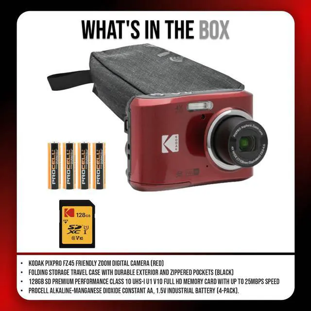 Alt view image 7 of 7 - PIXPRO FZ45 Friendly Zoom Digital Camera (Red) Bundle | 128GB SD Class 10 UHS-I U1 V10 Full HD Memory Card, Folding Storage Travel Case, Procell AA, (4 items)
