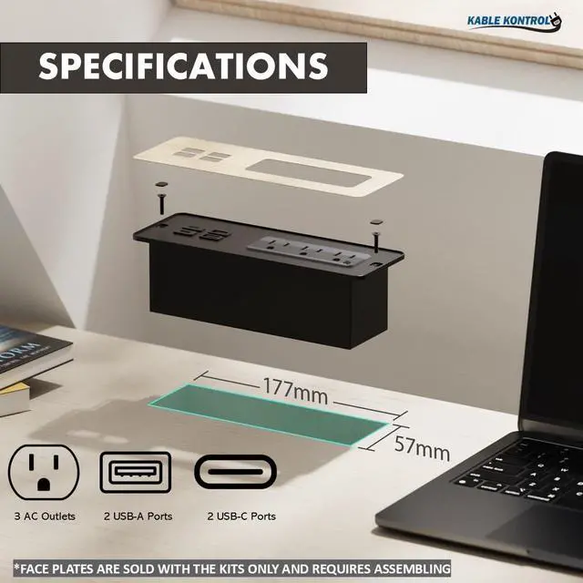 Alt view image 2 of 6 - Recessed Power Strip Kit with Fast Charging 2 PD65W USB-C Ports, 2 USB-A Ports, 3 Power Desk Outlets, Replaceable Silver Finish Panel Plate Flush Mount Charging Station Grommet - 5 Pcs