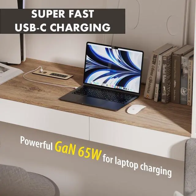 Alt view image 4 of 6 - Recessed Power Strip Kit with Fast Charging 2 PD65W USB-C Ports, 2 USB-A Ports, 3 Power Desk Outlets, Replaceable Silver Finish Panel Plate Flush Mount Charging Station Grommet - 5 Pcs