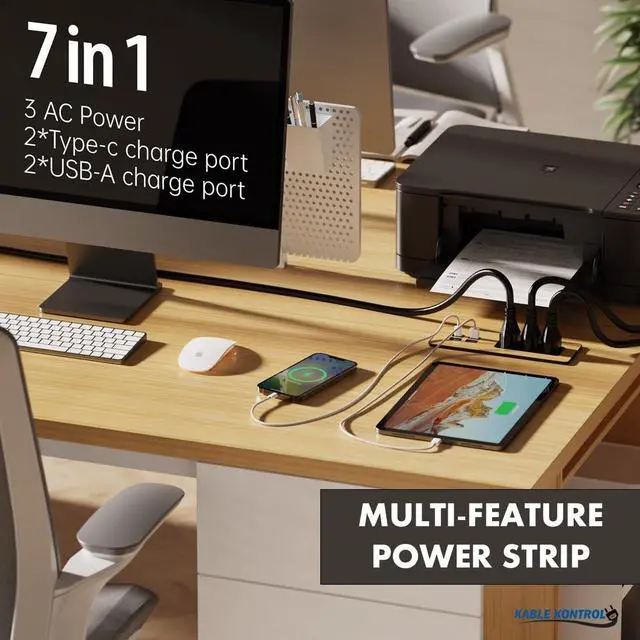 Alt view image 3 of 6 - Recessed Power Strip Kit with Fast Charging 2 PD65W USB-C Ports, 2 USB-A Ports, 3 Power Desk Outlets, Replaceable Silver Finish Panel Plate Flush Mount Charging Station Grommet - 5 Pcs