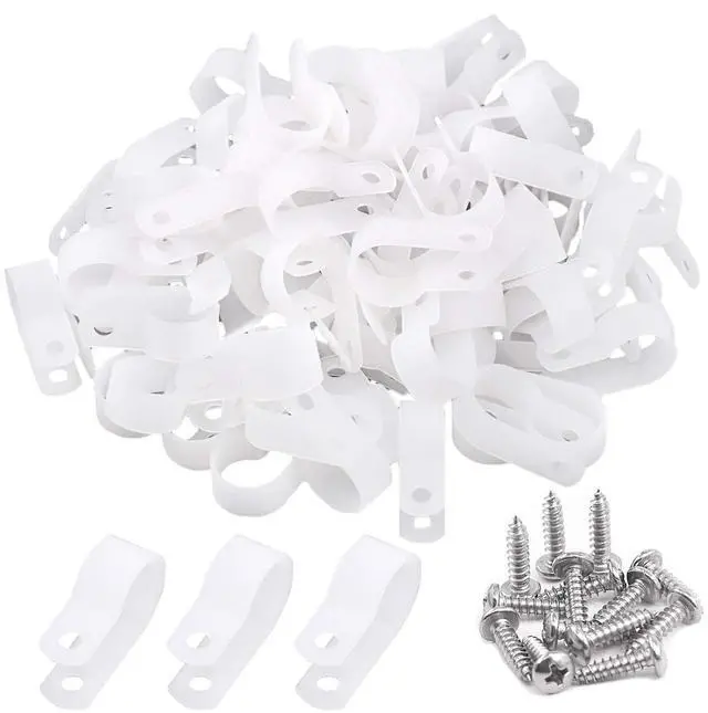 Main image of 120 Pieces 5/8 inch White Nylon Cable Clamps with Stainless Steel Screws, R-Type Mounting Cord Fastener Wire Clamps for Wire Pipe Management