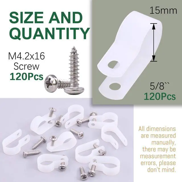 Alt view image 2 of 7 - 120 Pieces 5/8 inch White Nylon Cable Clamps with Stainless Steel Screws, R-Type Mounting Cord Fastener Wire Clamps for Wire Pipe Management