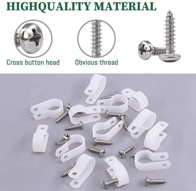 Alt view image 4 of 7 - 120 Pieces 5/8 inch White Nylon Cable Clamps with Stainless Steel Screws, R-Type Mounting Cord Fastener Wire Clamps for Wire Pipe Management