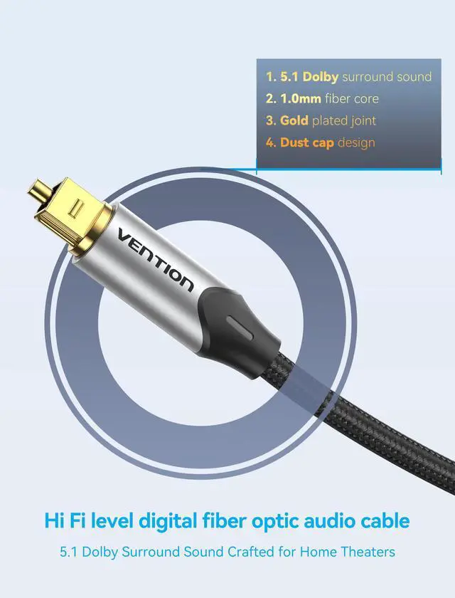 Alt view image 2 of 6 - TOSLINK Optical Audio Cable with Gold-Plated Heads, Nylon Braided Fiber Optic Cord, SPDIF Digital Audio Optical Cable for Soundbar, TV, Home Cinema(Several Size) (Gray, 10ft)