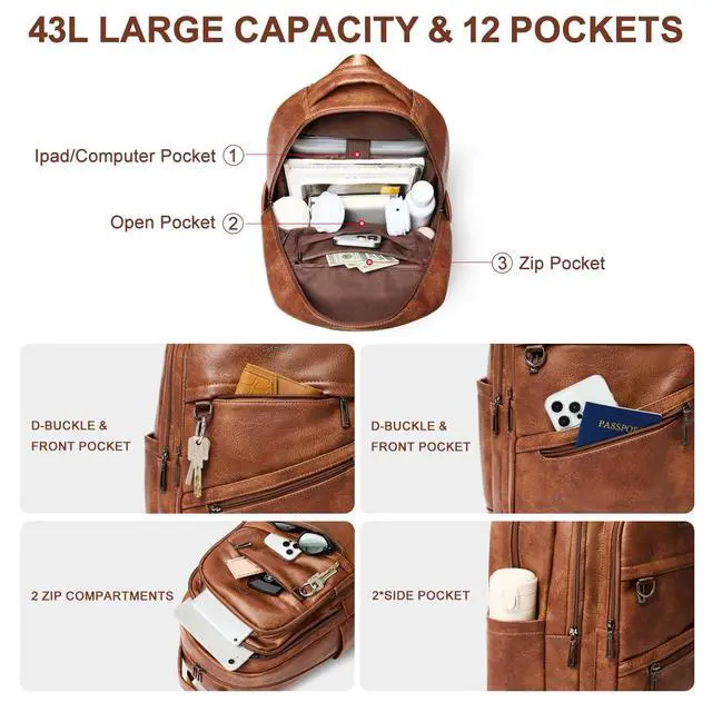 Alt view image 4 of 7 - Backpack for Women Men - Vegan Leather Backpack Purse Travel Carry-on Bag College Bookbag Work fits 16.5" Laptop, Brown
