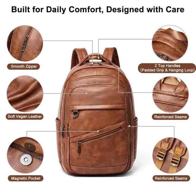 Alt view image 5 of 7 - Backpack for Women Men - Vegan Leather Backpack Purse Travel Carry-on Bag College Bookbag Work fits 16.5" Laptop, Brown