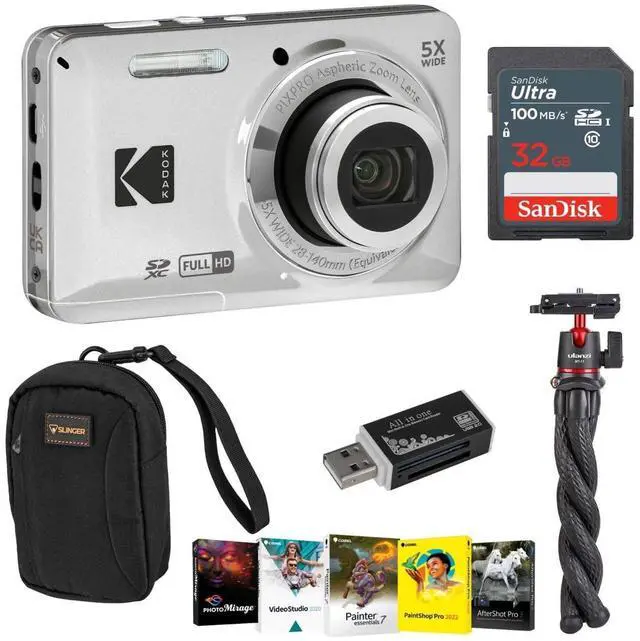 Main image of PIXPRO FZ55 Friendly Zoom Digital Camera, Bundle with 32GB Memory Card, Camera Bag, Tripod, Photo Editing Software, Card Reader (Silver)