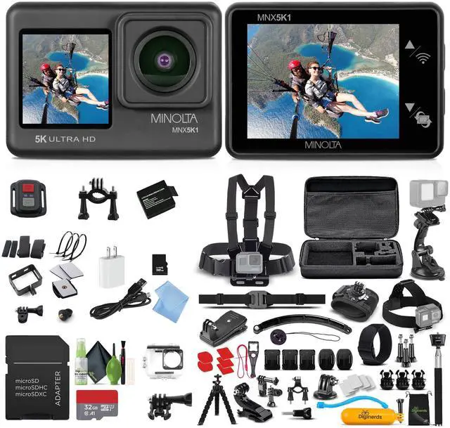 Main image of MNX5K1 5K Ultra HD / 24 MP Action Camera Kit + 32GB Memory Card + Cleaning kit + Diginerds 50 in 1 Go Pro Accessory Pack - Black