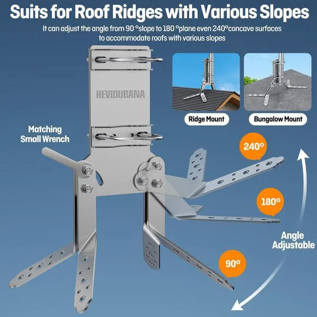 Alt view image 4 of 7 - Antenna Mast Roof Ridge Mount Bracket Adustable 90°-240°,Heavy-Duty Stainless Steel Flag Pole Holder Clamp,for 0.6"-2.4" OD Antenna Pole Peak Mounting