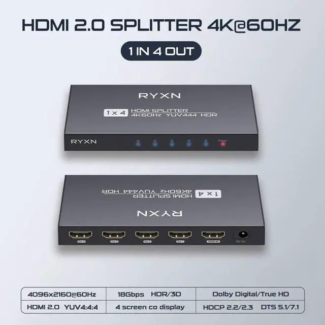 Alt view image 2 of 7 - HDMI 2.0 Splitter 1 in 4 Out 4K 60Hz, HDCP Bypass, Dolby Atmos, YUV 4:4:4, HDCP2.2/2.3, EDID, LPCM5.1/7.1, Compatible PS5/4/3, Xbox, Roku, Apple TV, Fire Stick, Blu-ray Player