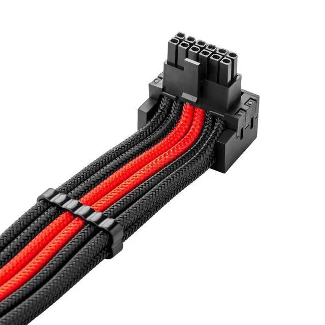 Alt view image 2 of 3 - E-Series Pro ModMesh Sleeved 12V-2x6 12VHPWR 90° StealthSense PCIe Cable for EVGA G/G+ / P/P+ / T - Variant B (Black + Red, 16-pin to Quad 8-pin, 60cm)