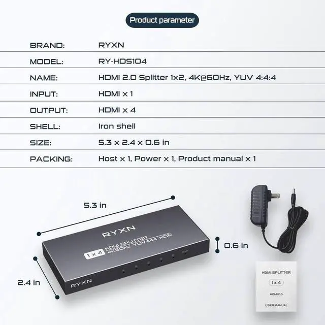 Alt view image 7 of 7 - HDMI 2.0 Splitter 1 in 4 Out 4K 60Hz, HDCP Bypass, Dolby Atmos, YUV 4:4:4, HDCP2.2/2.3, EDID, LPCM5.1/7.1, Compatible PS5/4/3, Xbox, Roku, Apple TV, Fire Stick, Blu-ray Player