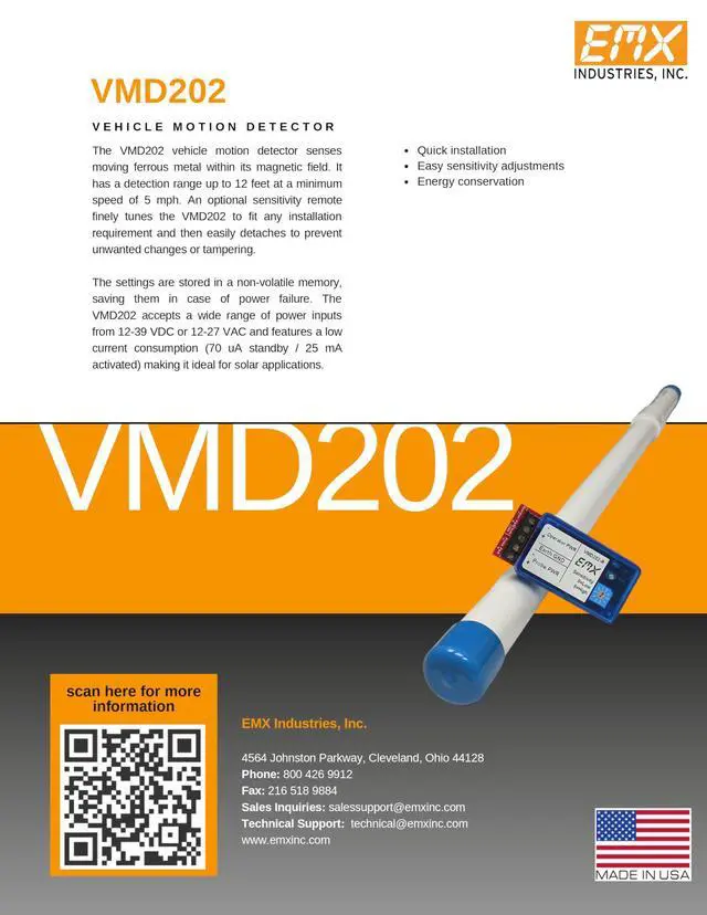 Alt view image 3 of 7 - EMX VMD 202-5-100 Vehicle Motion Detector Free Exit Probe Ultra-MVP 100 ft Lead