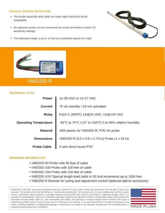 Alt view image 4 of 7 - EMX VMD 202-5-100 Vehicle Motion Detector Free Exit Probe Ultra-MVP 100 ft Lead