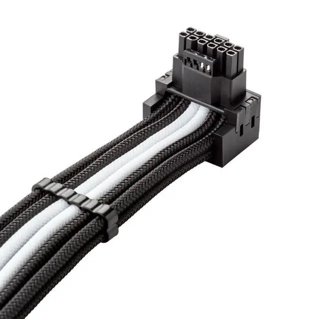 Alt view image 2 of 3 - E-Series Pro ModMesh Sleeved 12V-2x6 12VHPWR 90° StealthSense PCIe Cable for EVGA G/G+ / P/P+ / T - Variant A (Black + White, 16-pin to Quad 8-pin, 60cm)