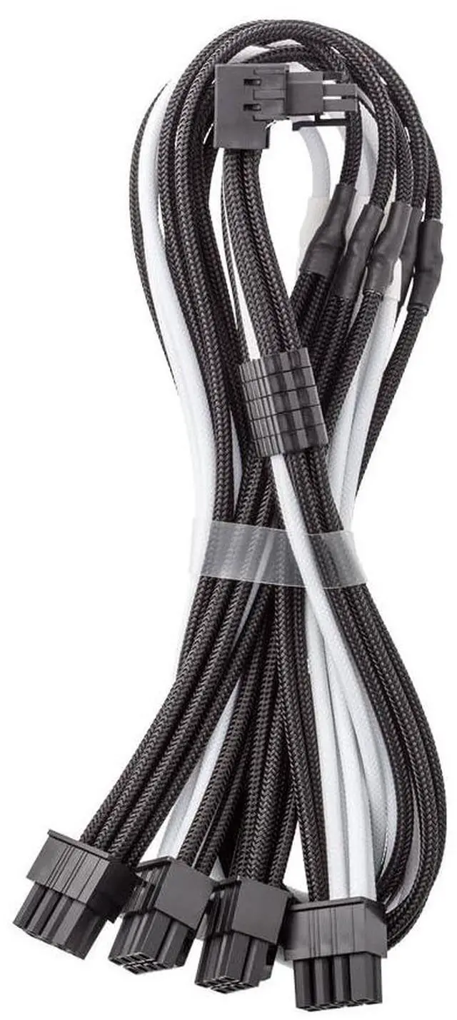 Main image of E-Series Pro ModMesh Sleeved 12V-2x6 12VHPWR 90° StealthSense PCIe Cable for EVGA G/G+ / P/P+ / T - Variant B (Black + White, 16-pin to Quad 8-pin, 60cm)